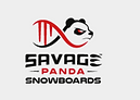 Savage Panda Snowboards logo with red and black font a DNA red and black pattern forming a angry panda with a red eye on a white background