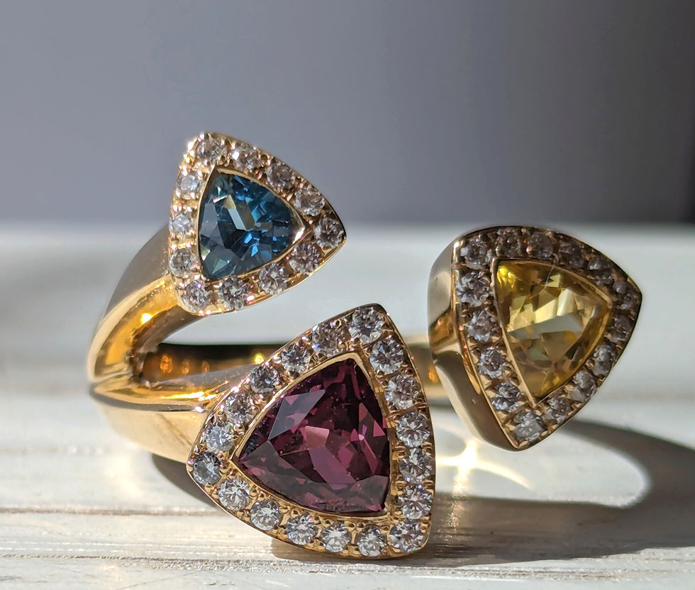Thumbnail: 18ct Gold Diamond and Gemstone Trillion Trio Ring
