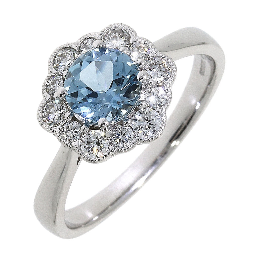 18ct White Gold Aquamarine And Diamond Cluster Ring