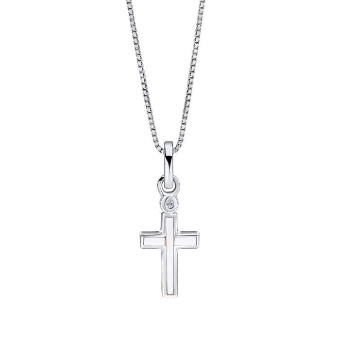Sterling Silver Mother of Pearl Cross Pendant with Diamond