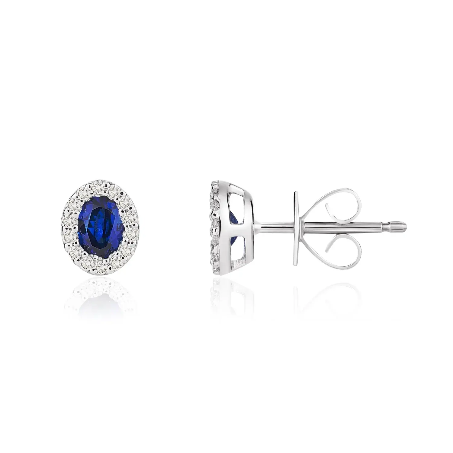18CT White Gold Oval Sapphire & Diamond Cluster Stud Earrings