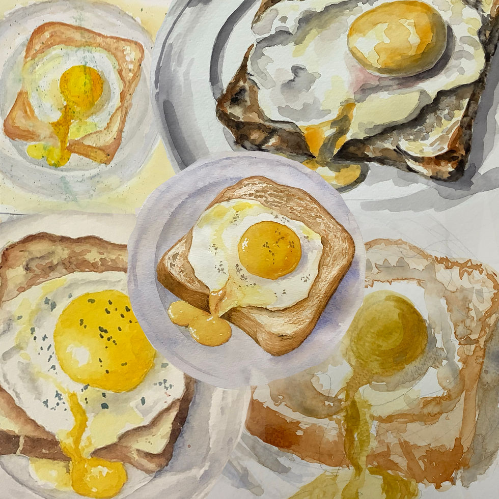 Fried eggs in watercolour, Art Class, The Clout, West Malling, Victoria Wainwright