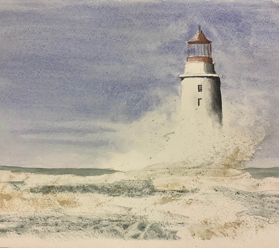 Watercolour lighthouse with waves