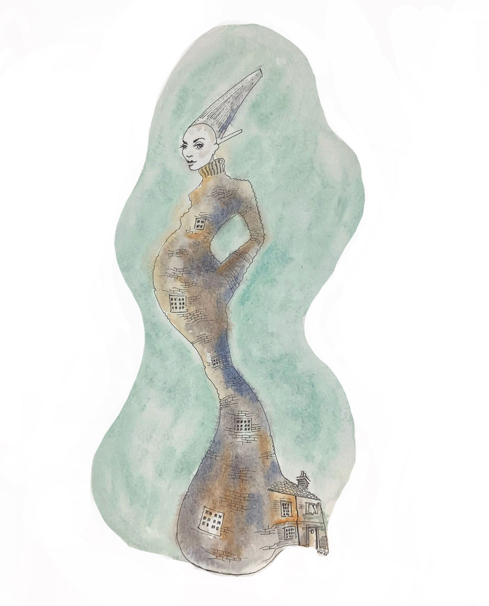 Pregnant Oast house in watercolour.