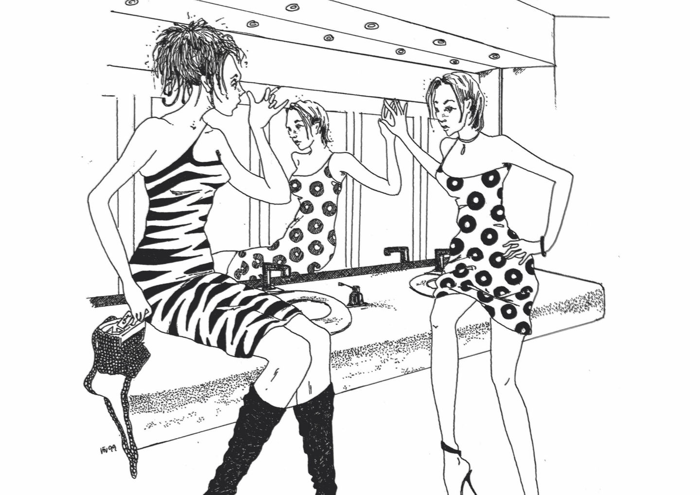 Women gossiping in the loos on a night out.