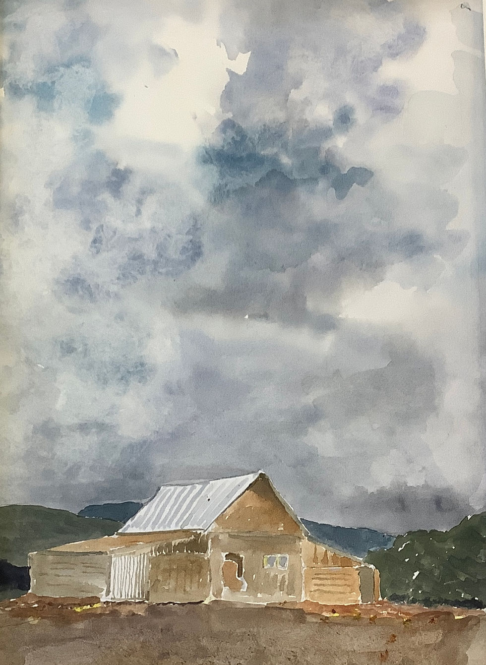 Watercolour sky wet in wet wash with barn