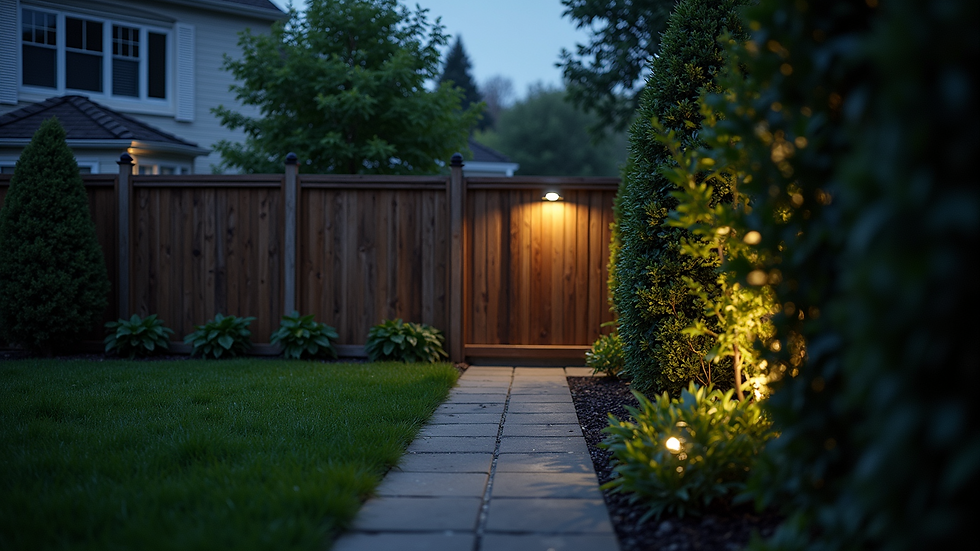 Wide angle view of a residential garden with secure fencing and motion sensor floodlight