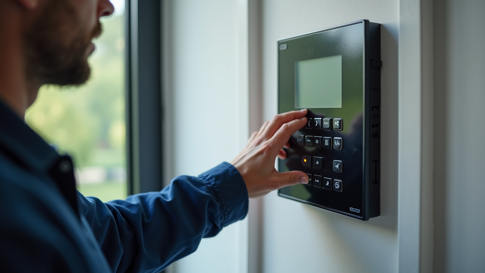 High angle view of a technician installing a home security control panel
