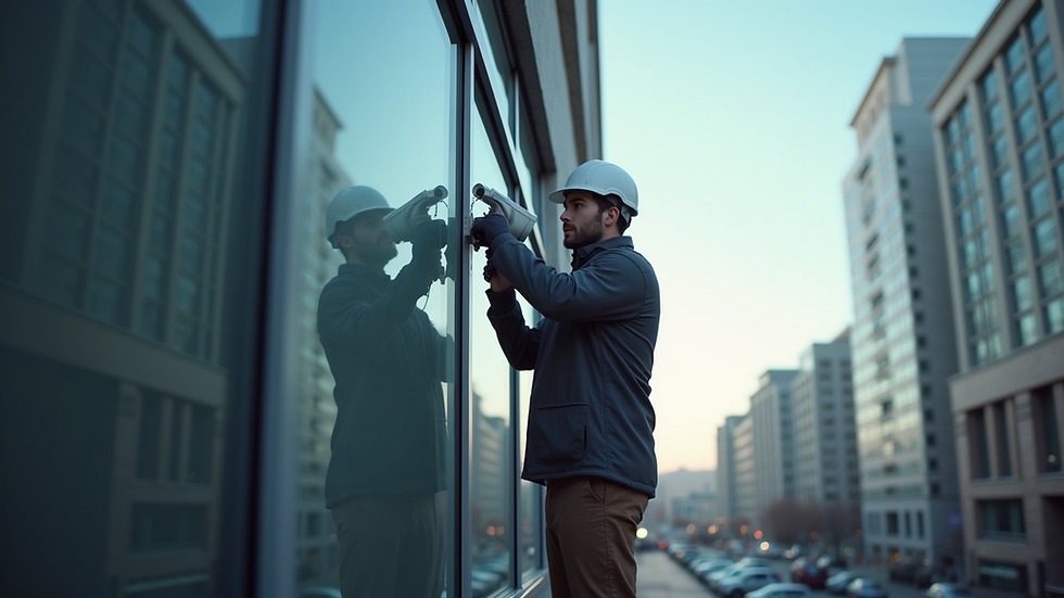 High angle view of a security technician installing a surveillance camera on a commercial building