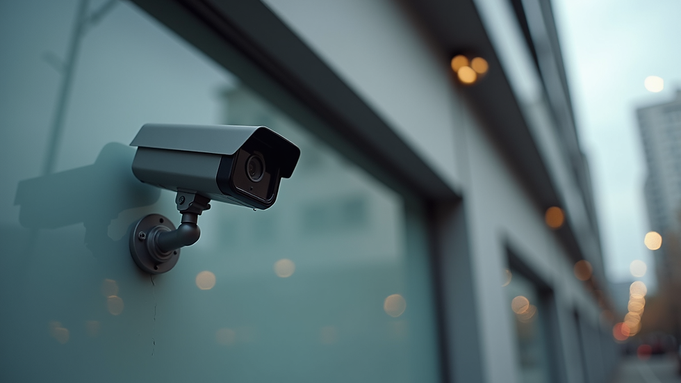 Eye-level view of a modern CCTV camera mounted on a building exterior