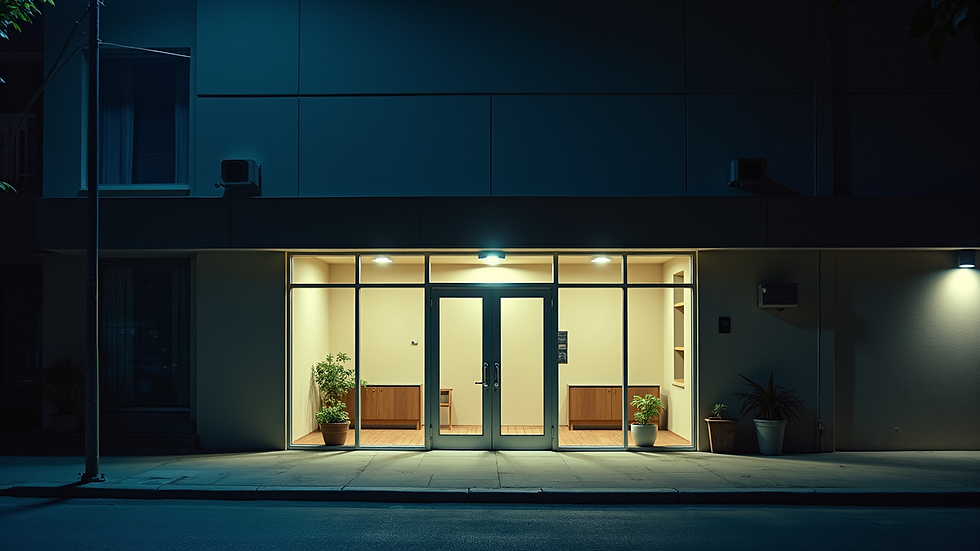 High angle view of a well-lit commercial building entrance at night