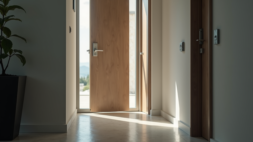 Eye-level view of a modern home entrance with reinforced door and secure lock