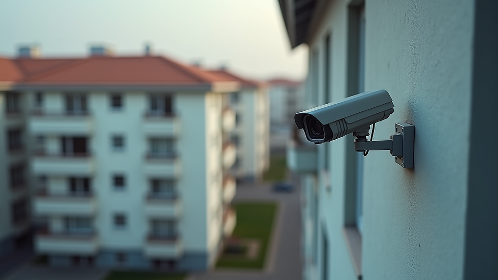 High angle view of CCTV camera mounted on a residential building exterior