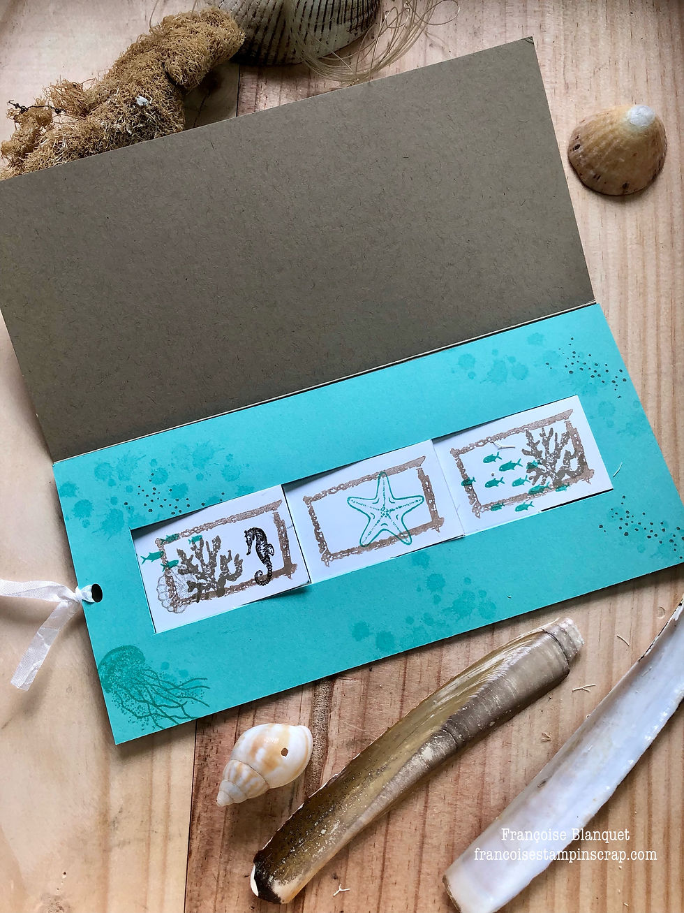 INTERIEUR Une carte Pop Up "FLIP-FLAP" Stampin'Up! "les amis sont comme des coquillages" "une tonne de souhait"  aux couleurs de  bord de mer 