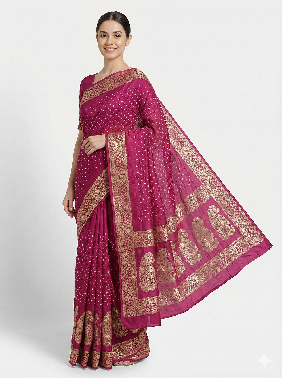 Thumbnail: Royal Bandhej Jacquard Georgette Saree with Heavy Zari Border