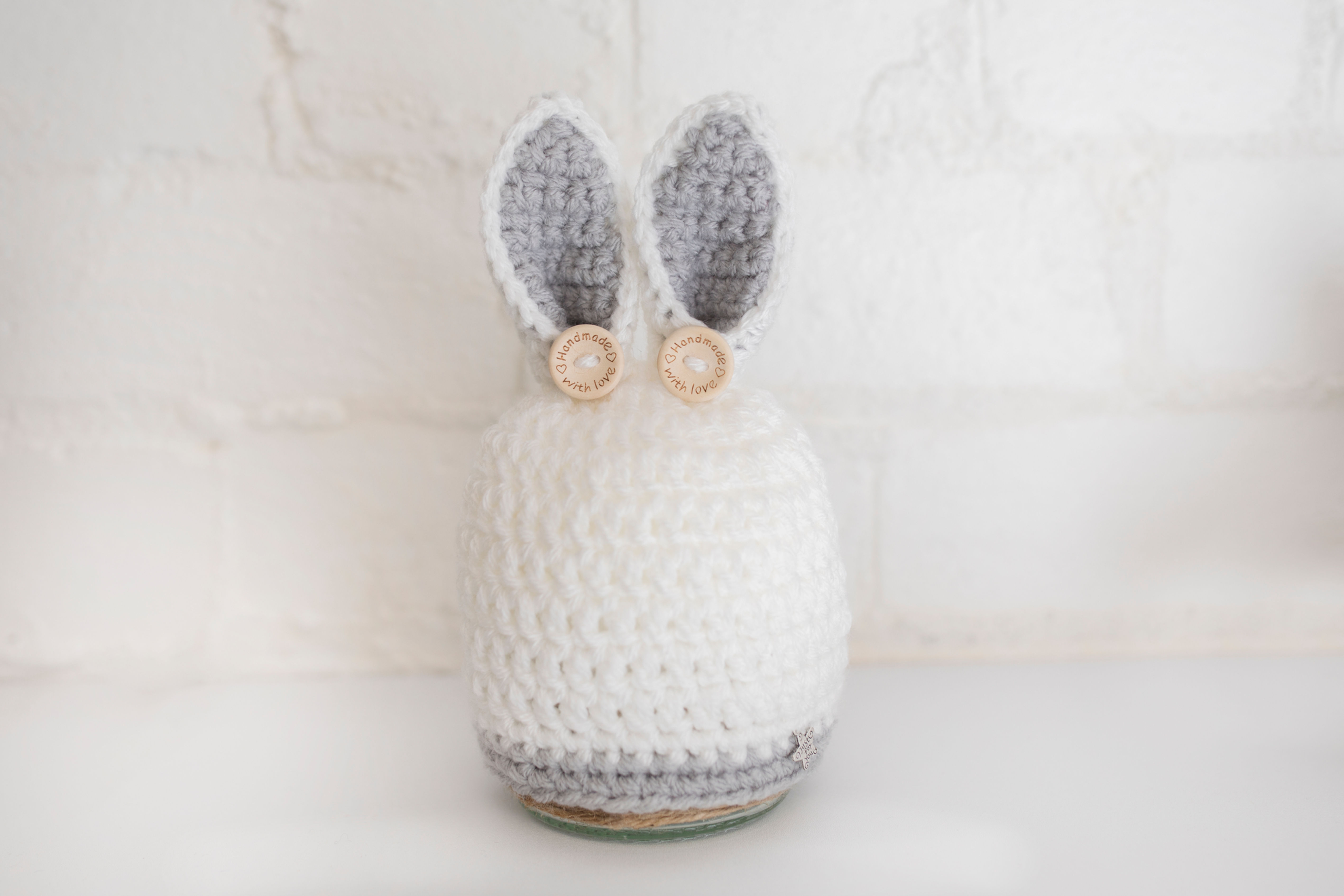White and grey Bunny Hat with buttons