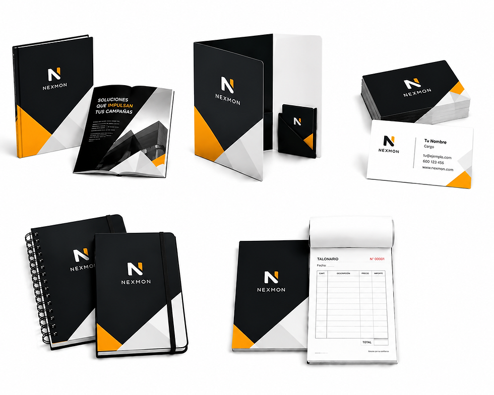Impresión de papelería corporativa personalizada para empresas. Fabricamos catálogos, carpetas corporativas, tarjetas de visita, libretas personalizadas, talonarios autocopiativos, folletos, flyers, cinta personalizada y todo tipo de material impreso para reforzar la imagen de marca y la comunicación empresarial.