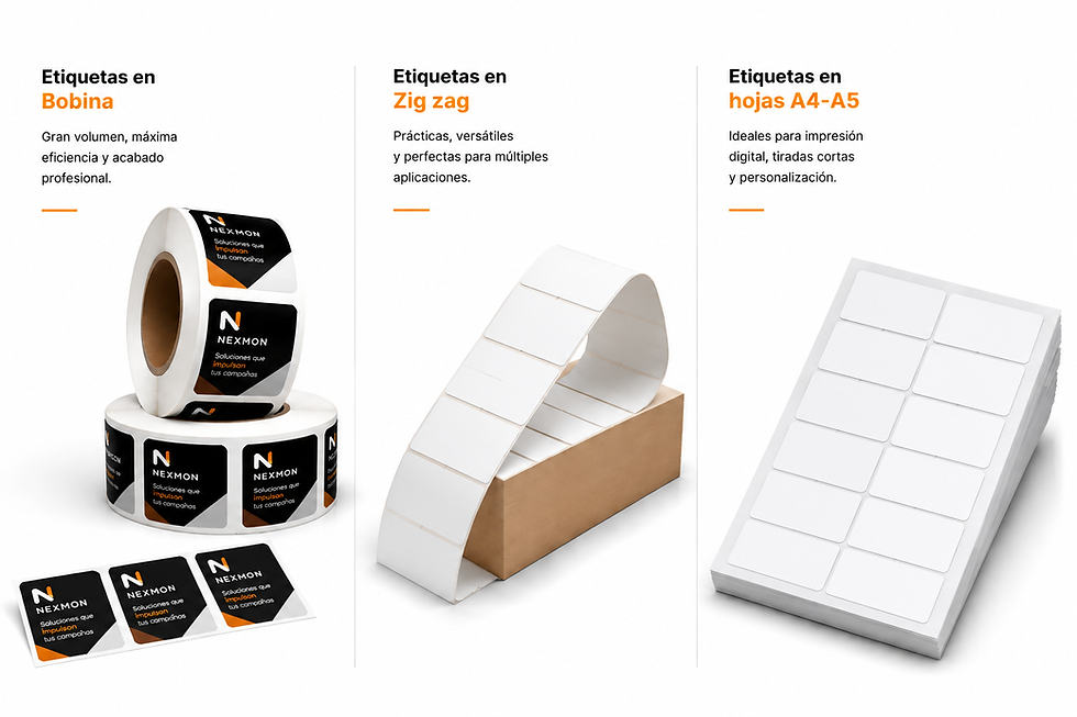 Etiquetas adhesivas personalizadas en bobina, zig zag y hojas A4-A5 para empresas de Cataluña y España