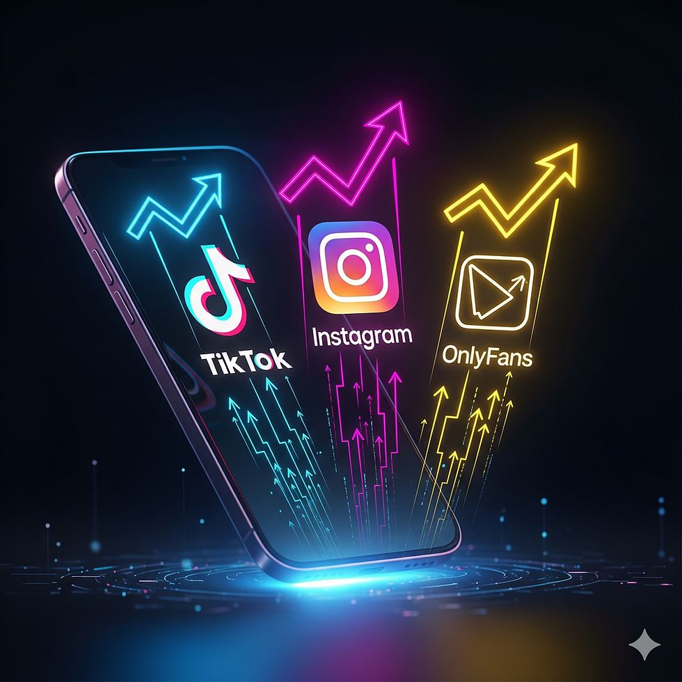 neon-styled graphics with platforms logos (TikTok, Instagram, OnlyFans icon) with upward trending elements.