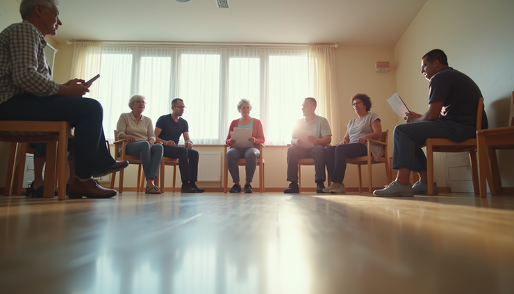 Eye-level view of a community center room with a single participant engaging in a cognitive activity