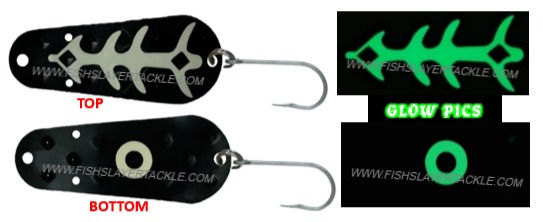 Thumbnail: Fishslayer Tackle's Diamondback Spoon named BLACK WIDOW UV GLOW, Top & Bottom Day and Glow in the Dark views