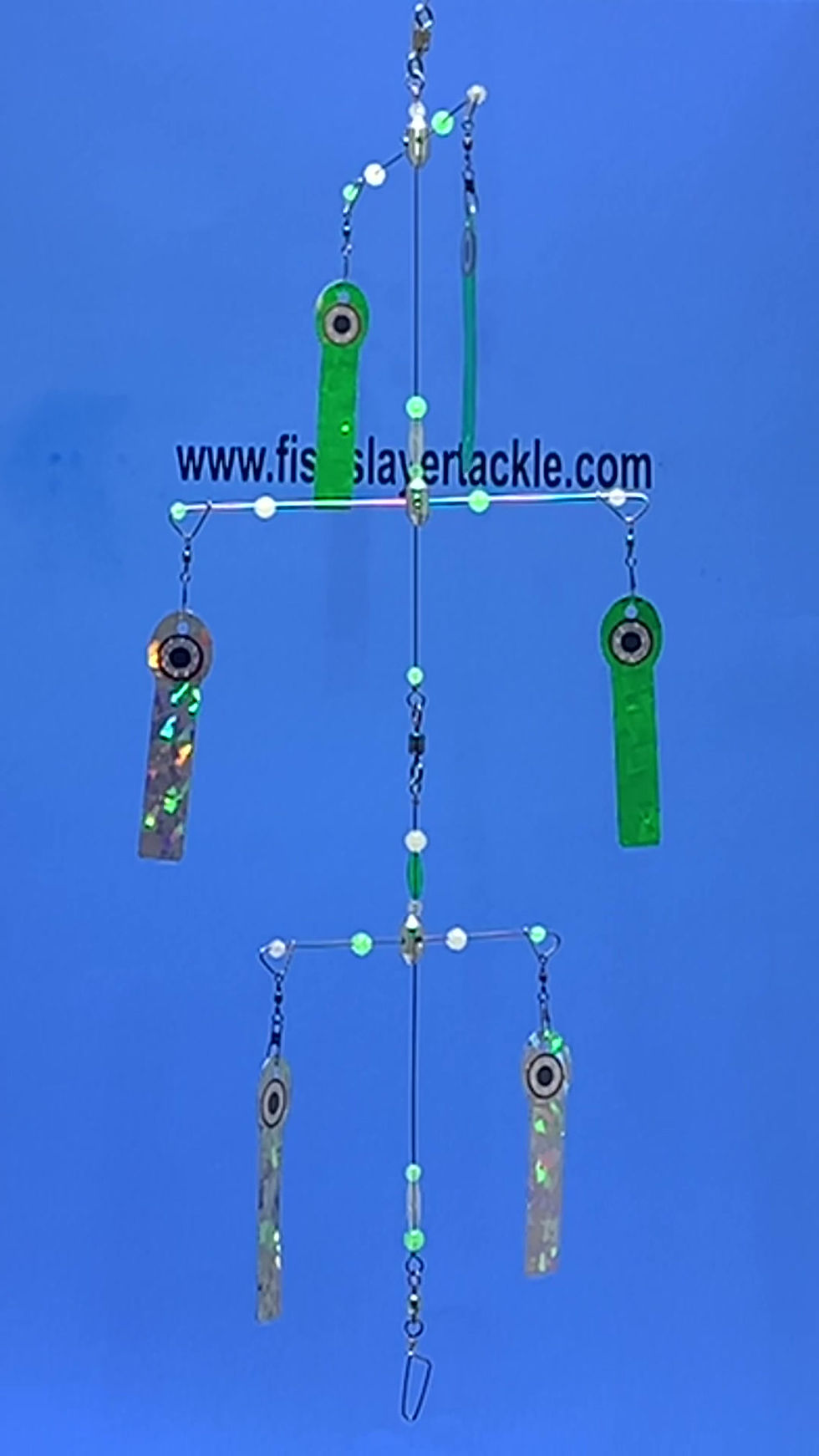 Thumbnail: Fishslayer Tackle 6-ARM Umbrella Rig with Alewife teasers named GRIM SLAYER, front rotating video