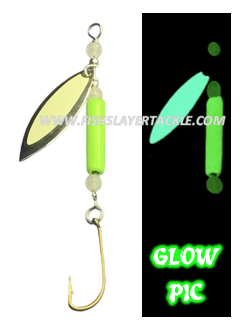 Fishslayer Tackle's Clatter Jigginspinner named "SHOW TIME", Glow in the dark view