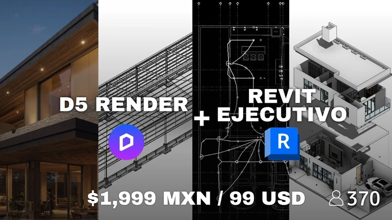 Portada del curso Revit Ejecutivo + D5 Render, con imagen de modelo arquitectónico y etiqueta de pre