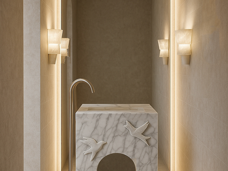 3D visual of a reimagined powder room featuring textured beige tiles, brushed nickel fixtures, and refined minimalist detailing — part of a 10-week home renovation led by D’Ora Tokai Designs.