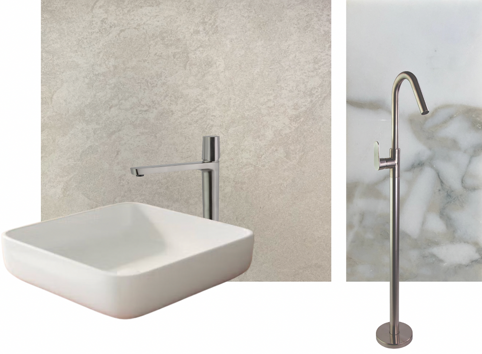 Modern bathroom fixtures: a white square sink with a chrome faucet on a beige stone background and a tall faucet on a marble surface.
