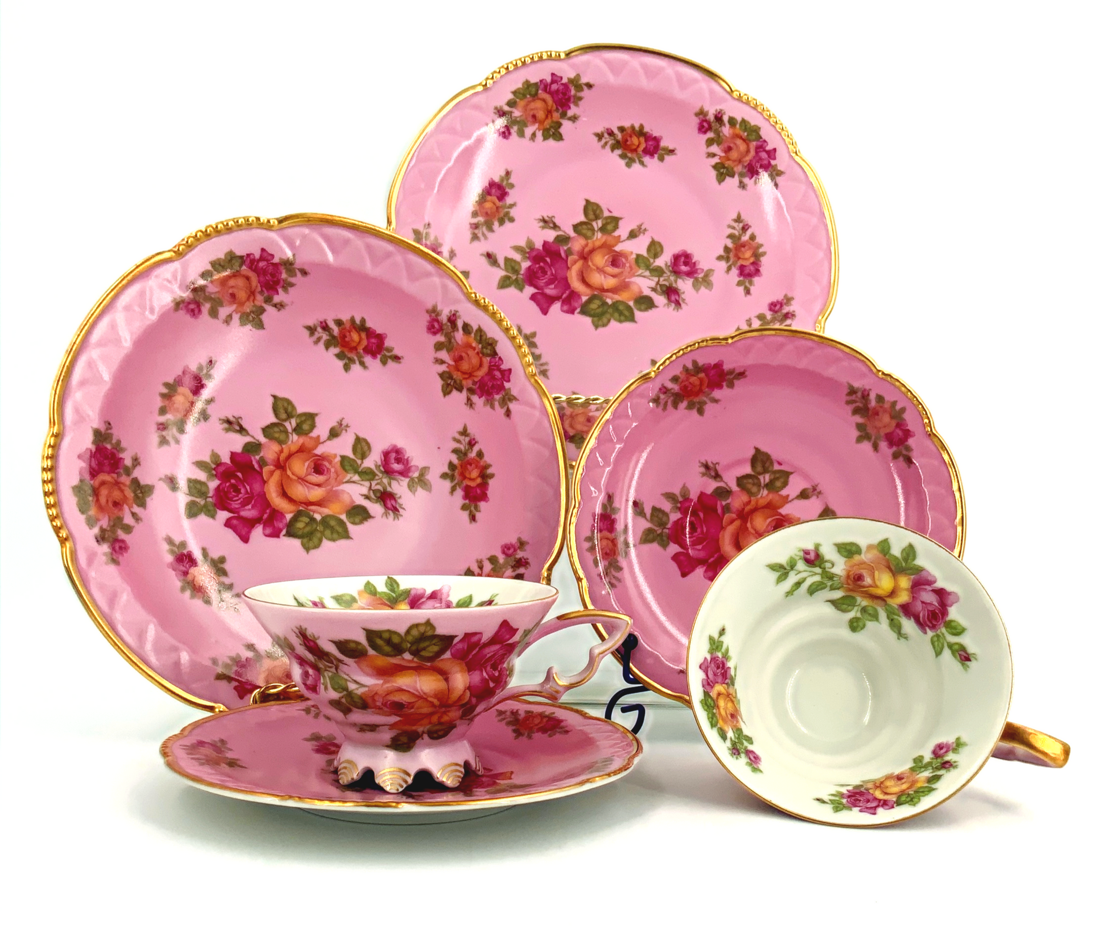 Germany Bavaria Red Pink & Yellow Rose Trio Tea Cup, Saucer & Dessert Plate