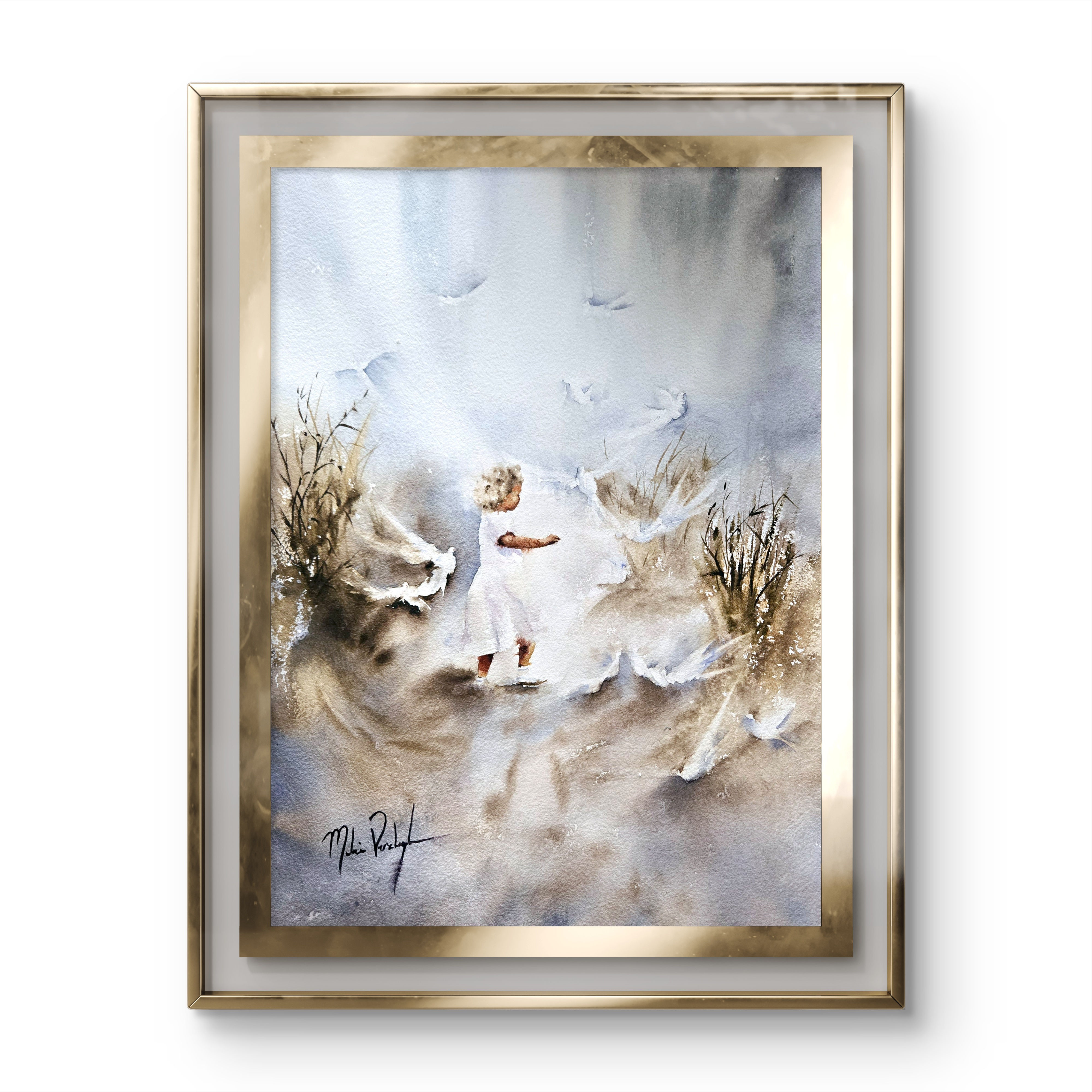 Watercolor Art Print Girl on beach with birds etheral