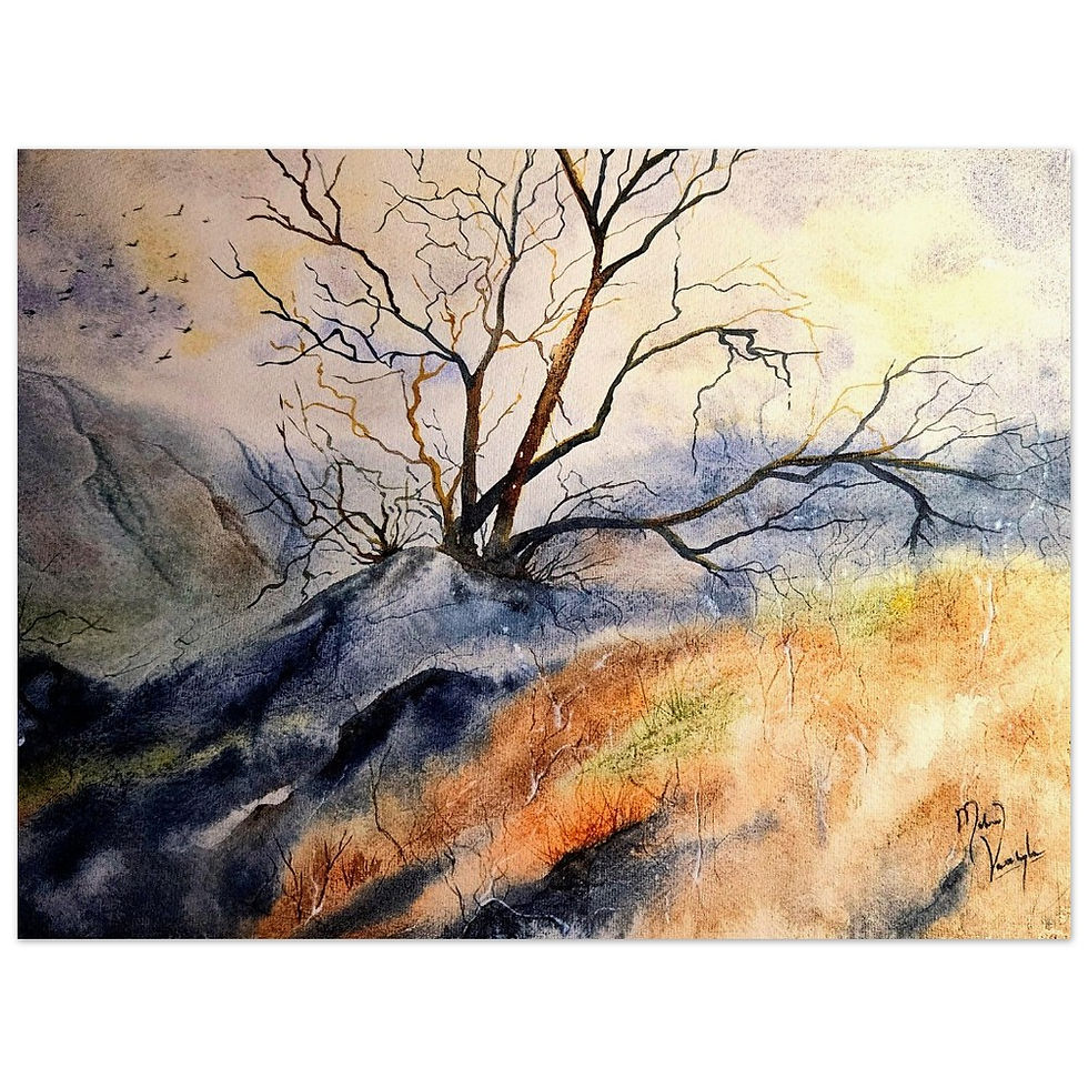 Autumn Colours Watercolour Art Print Tree on hills