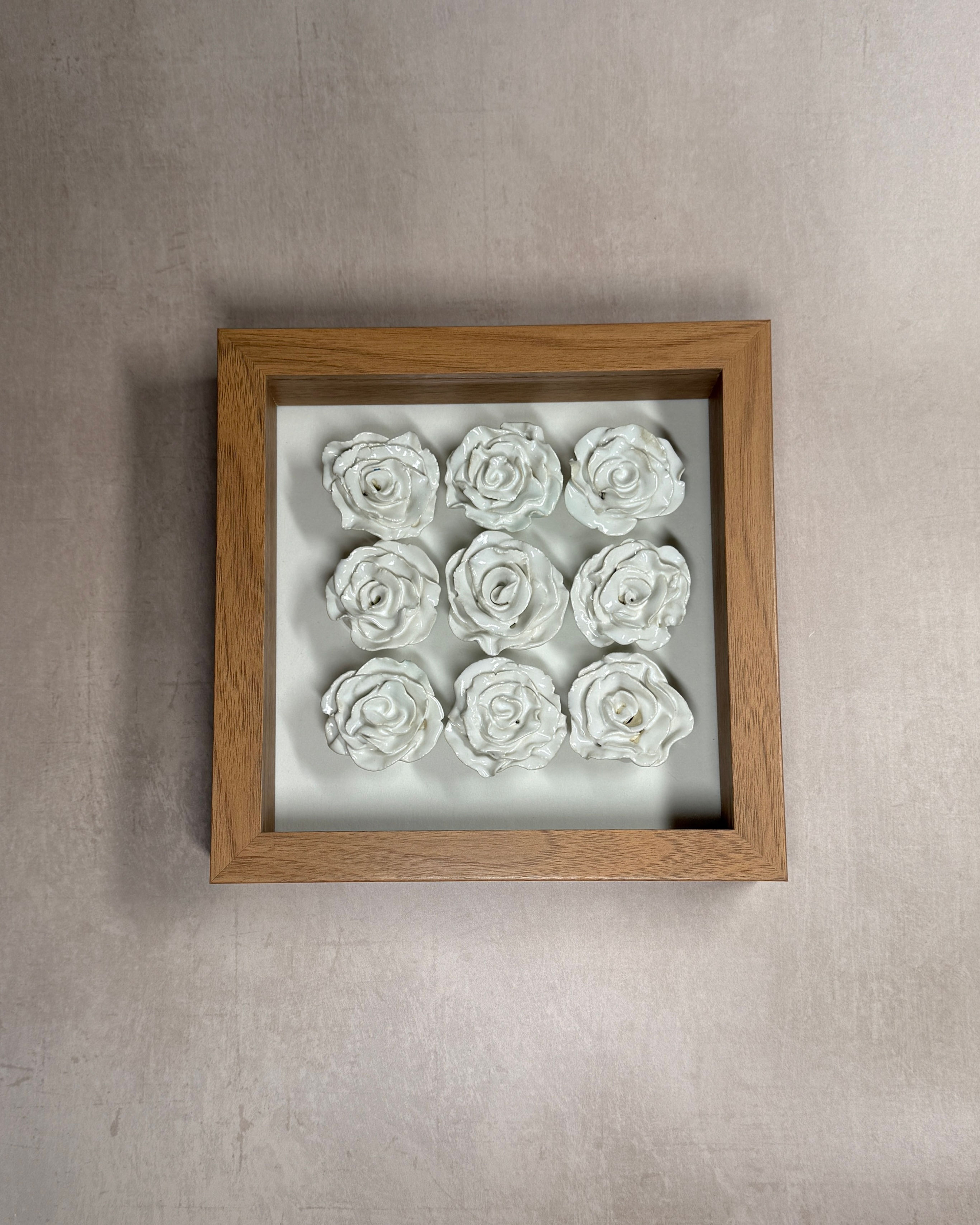 Ceramic Roses Shadow Box Oak Frame