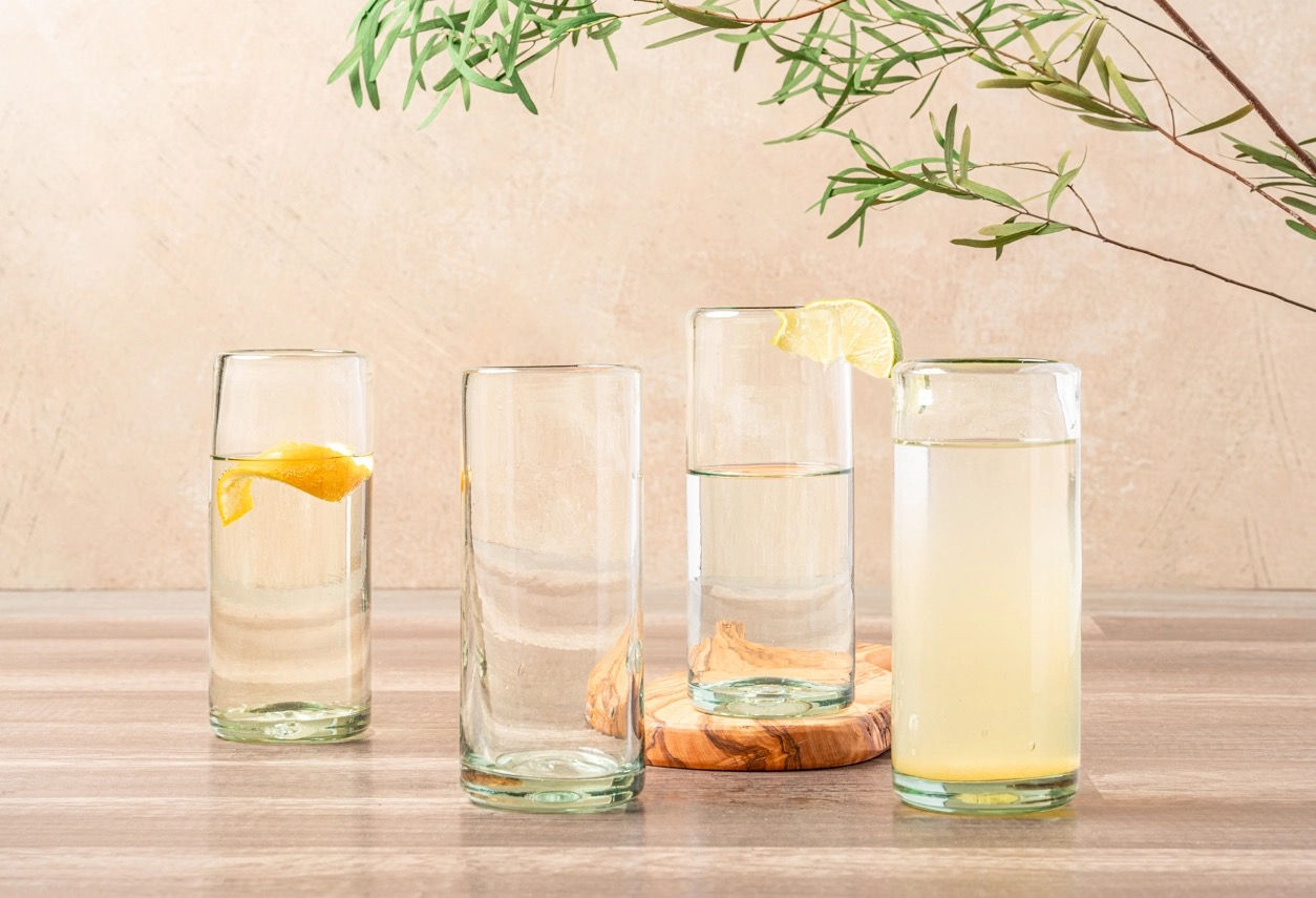 Handblown Mexican High Ball Glasses with water and lemons