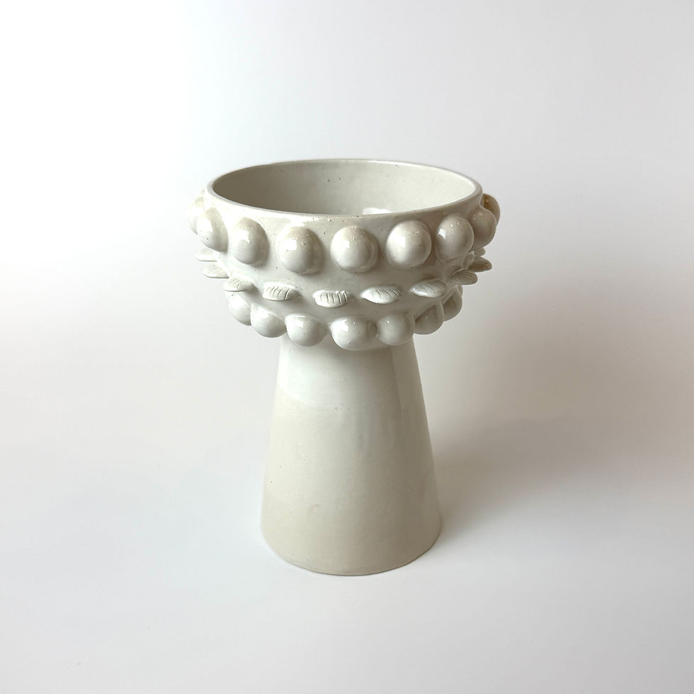 Ceramic Goblet Vase in Off White and Feathers