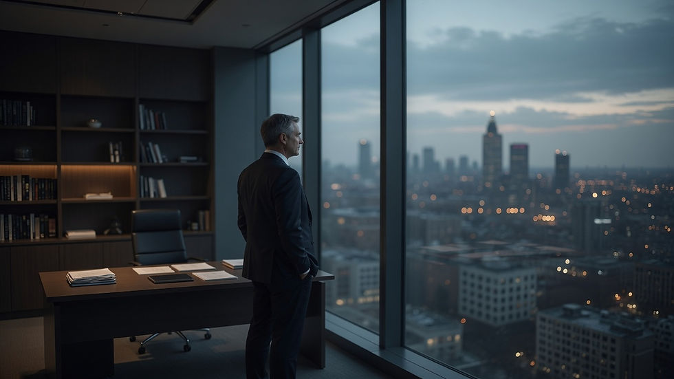 Dirigeant contemplant la ville depuis son bureau sombre.