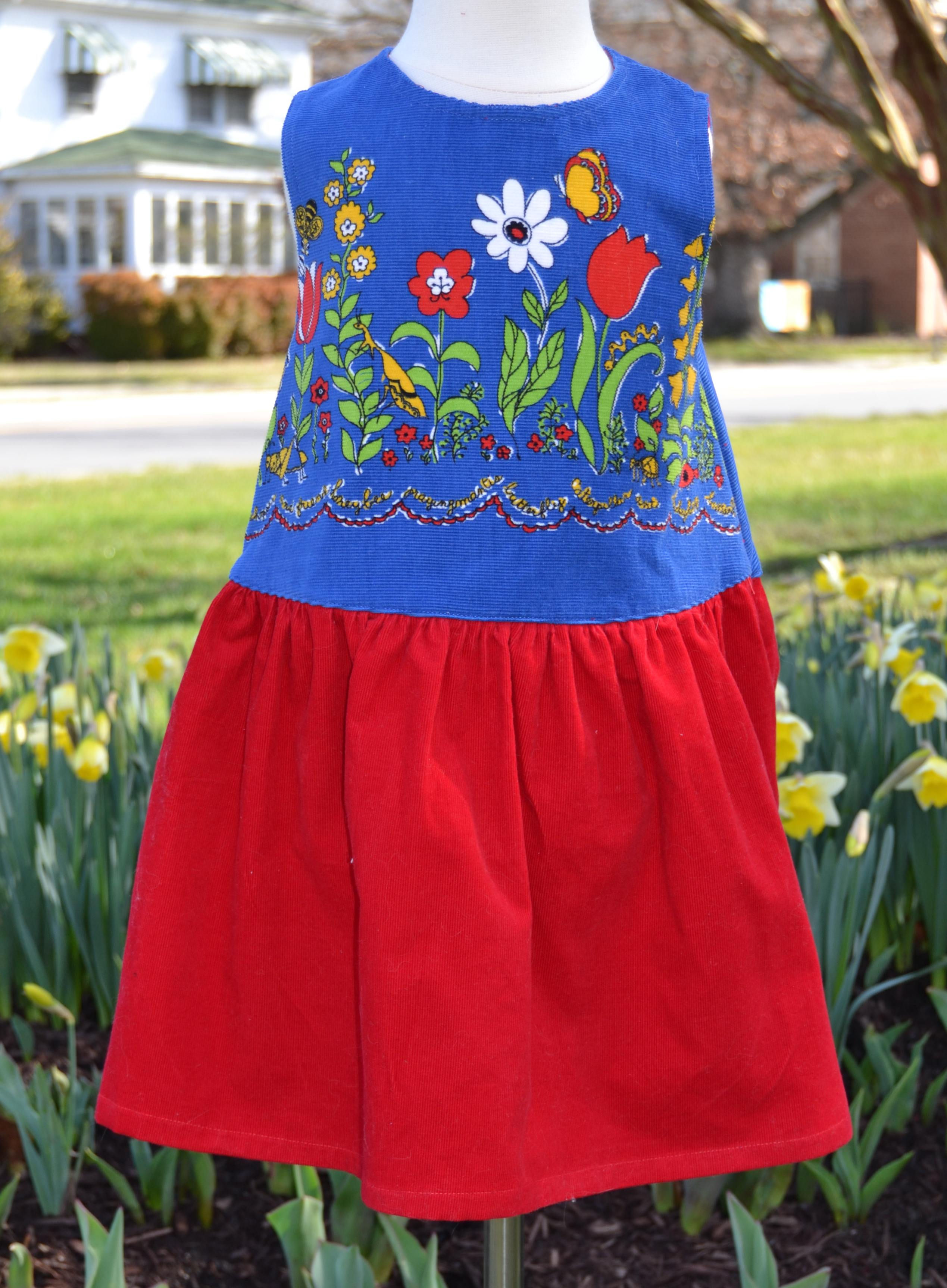 Red Corduroy Skirt Blue Vintage Floral Bodice