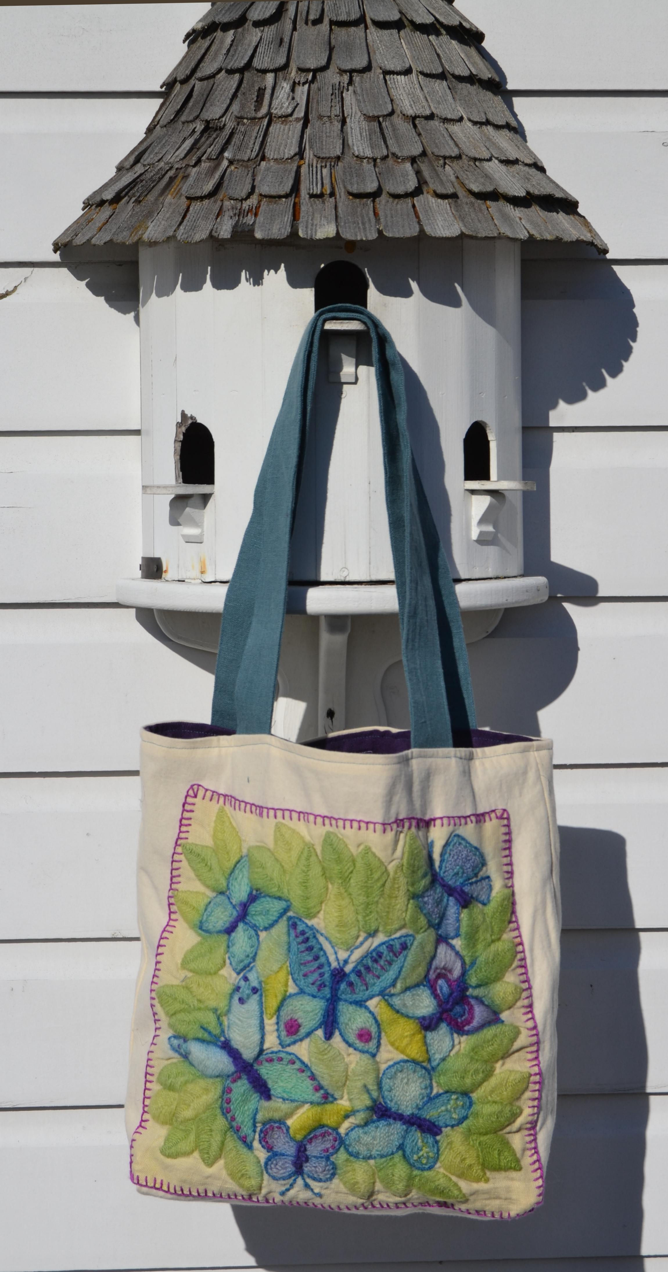 Vintage Embroidered Blue Butterfly Panel on Natural Linen Satchel