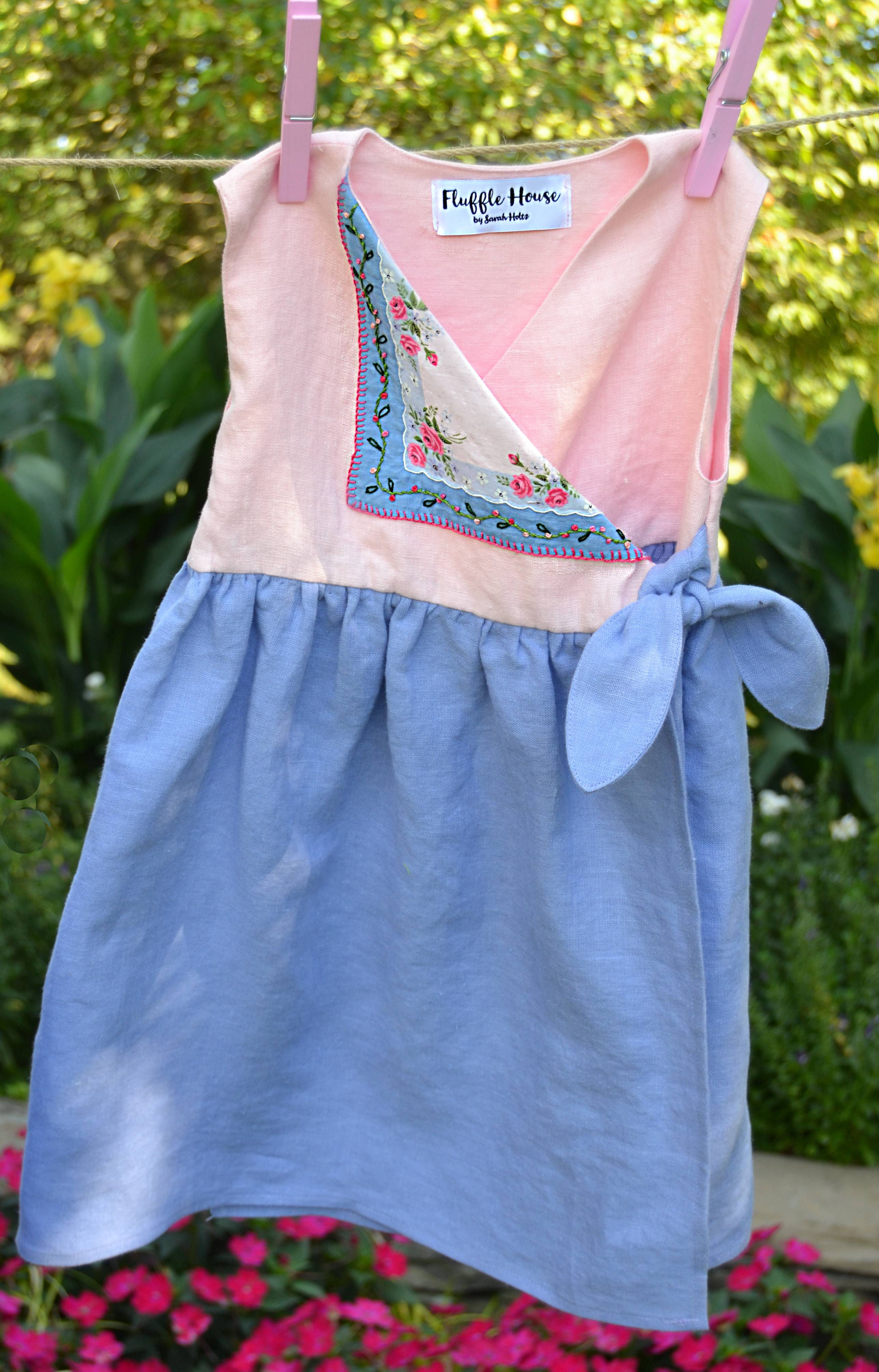 Blue and Pink Wraparound Dress with Vintage Bodice Embellishment