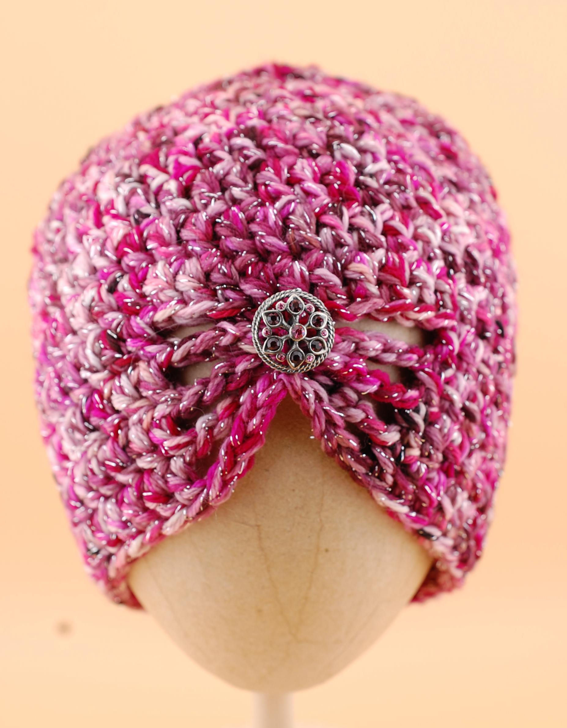 Bright Pink Glittery Crocheted Turban Style with Button