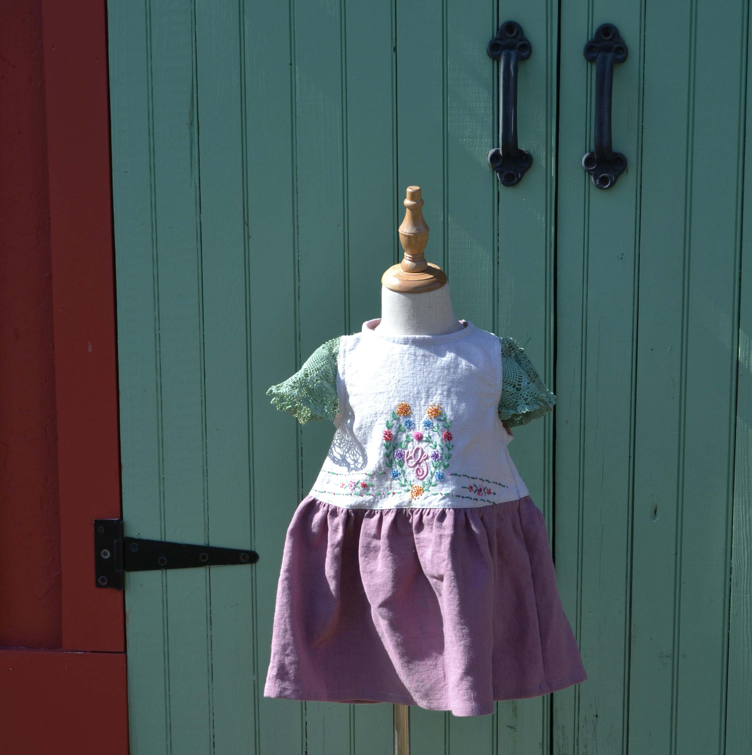 Mauve Linen Skirt Vintage Embroidered Bodice Dress with Green Lace Sleeves