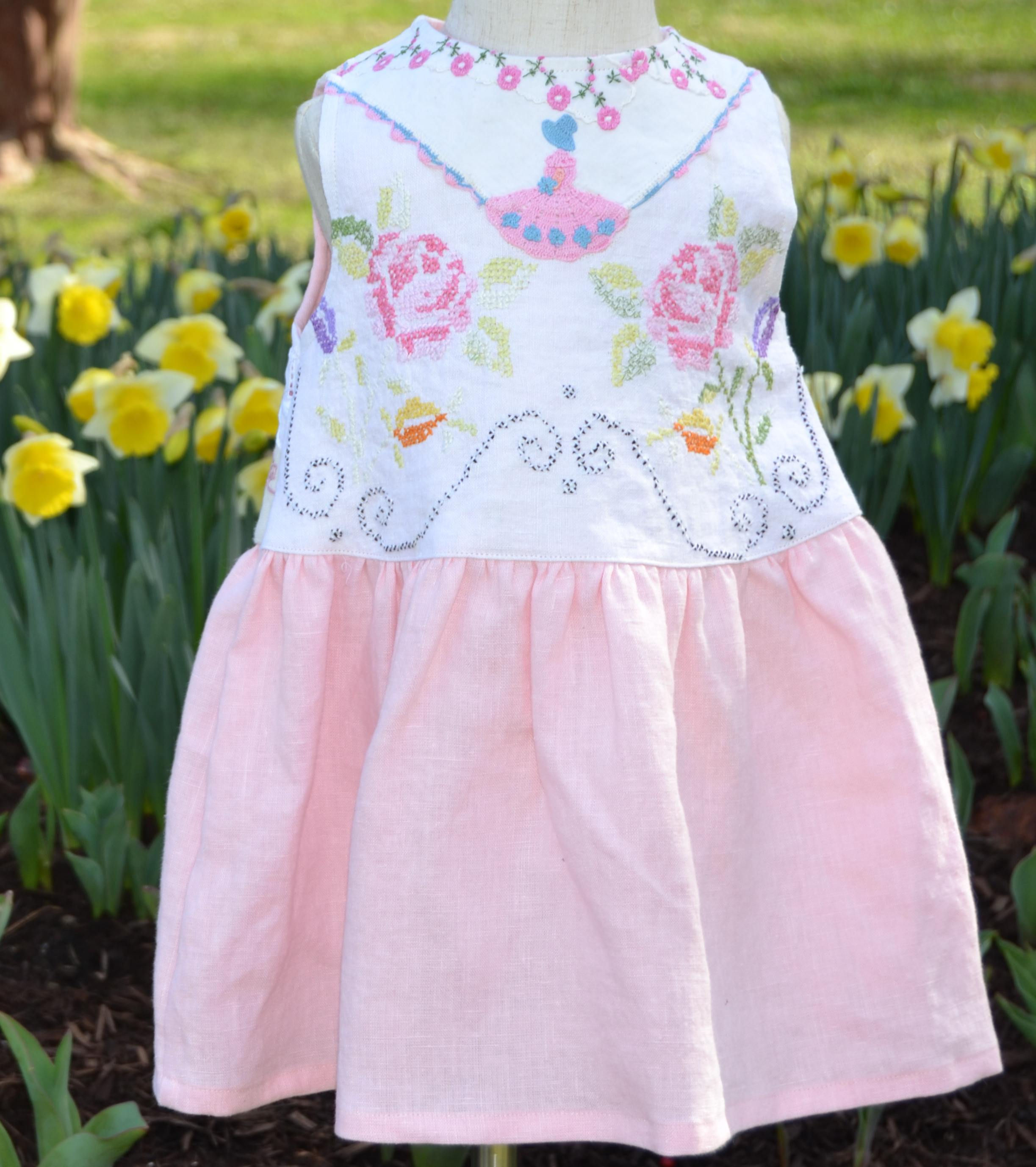 Pink Linen Skirt Vintage Embroidered Roses and Pendant Bodice Dress