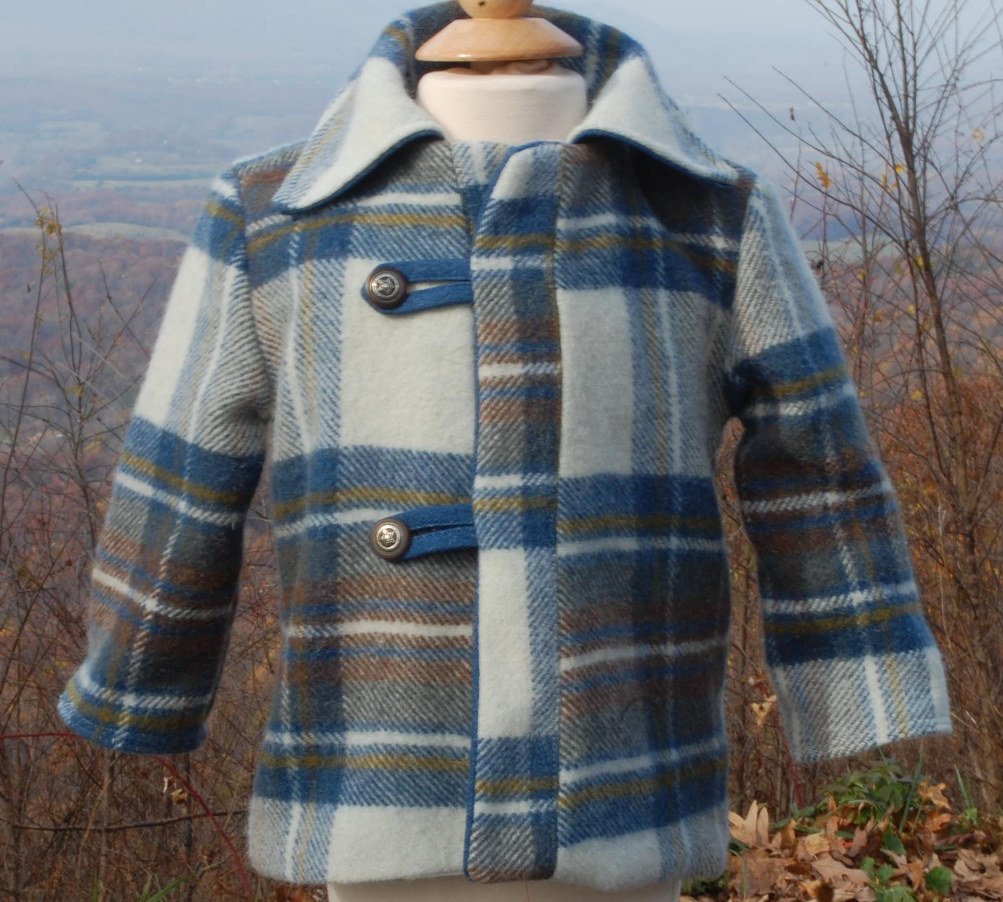 Vintage Heather Gray Blue Plaid Wool Blanket Collared Coat