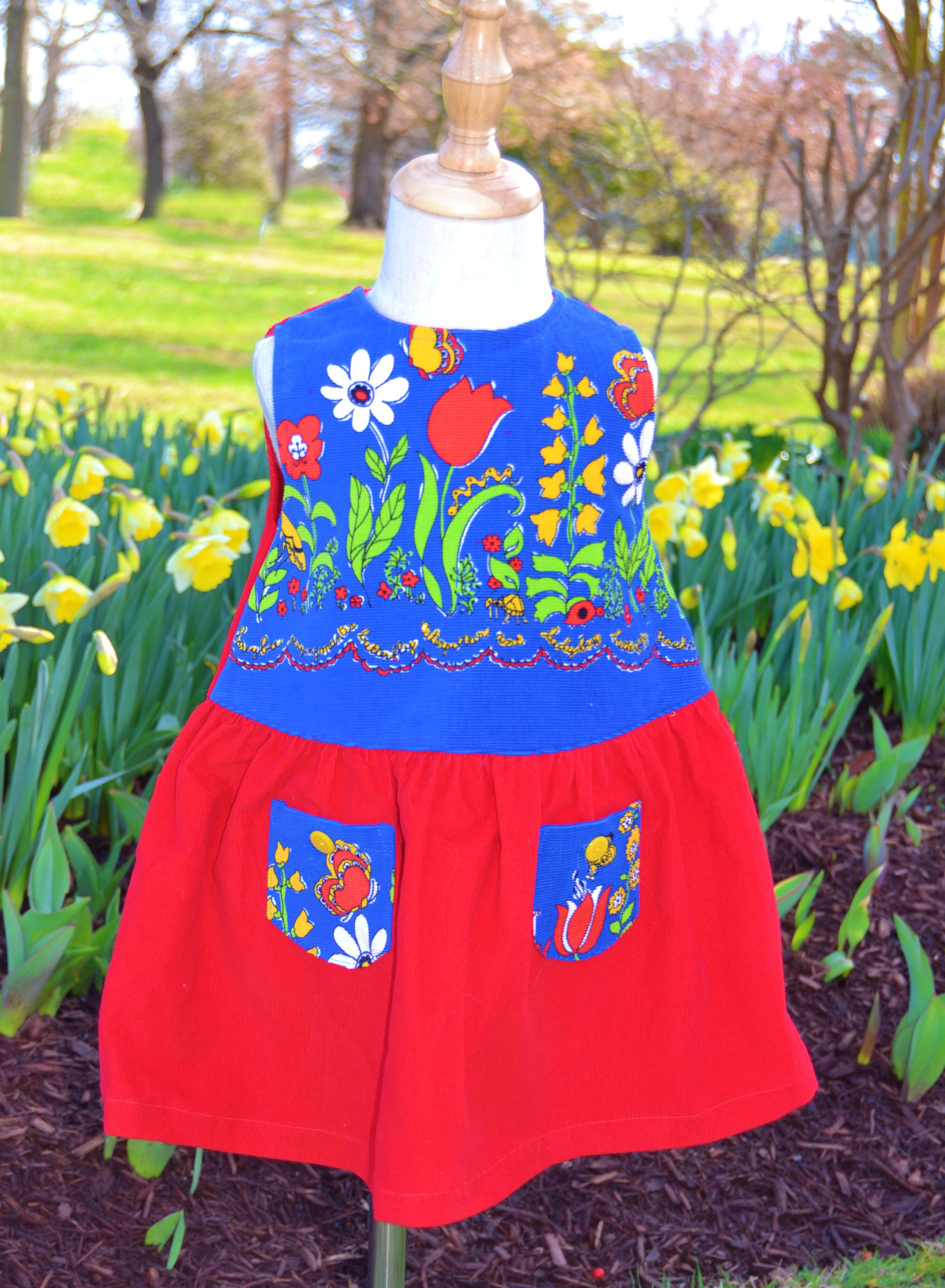 Red Corduroy Skirt Vintage Blue Floral Bodice Dress
