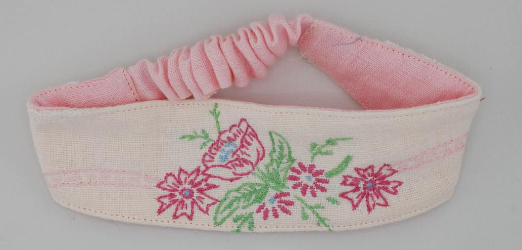 Child's Vintage Embroidered Magenta and Light Green Floral Design Fabric Head