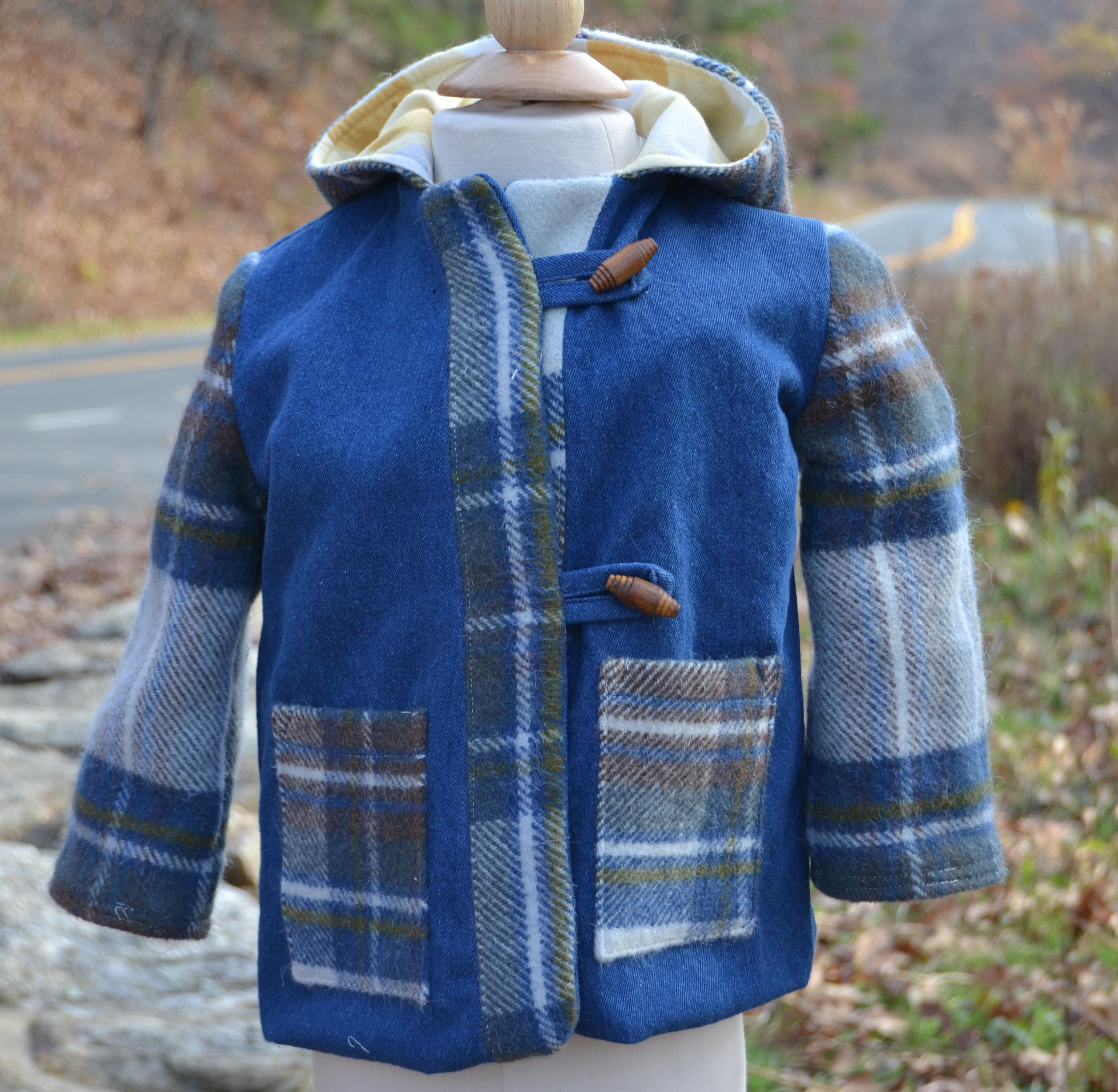 Denim Coat with Vintage Gray Plaid Wool Blanket Sleeves and Trim