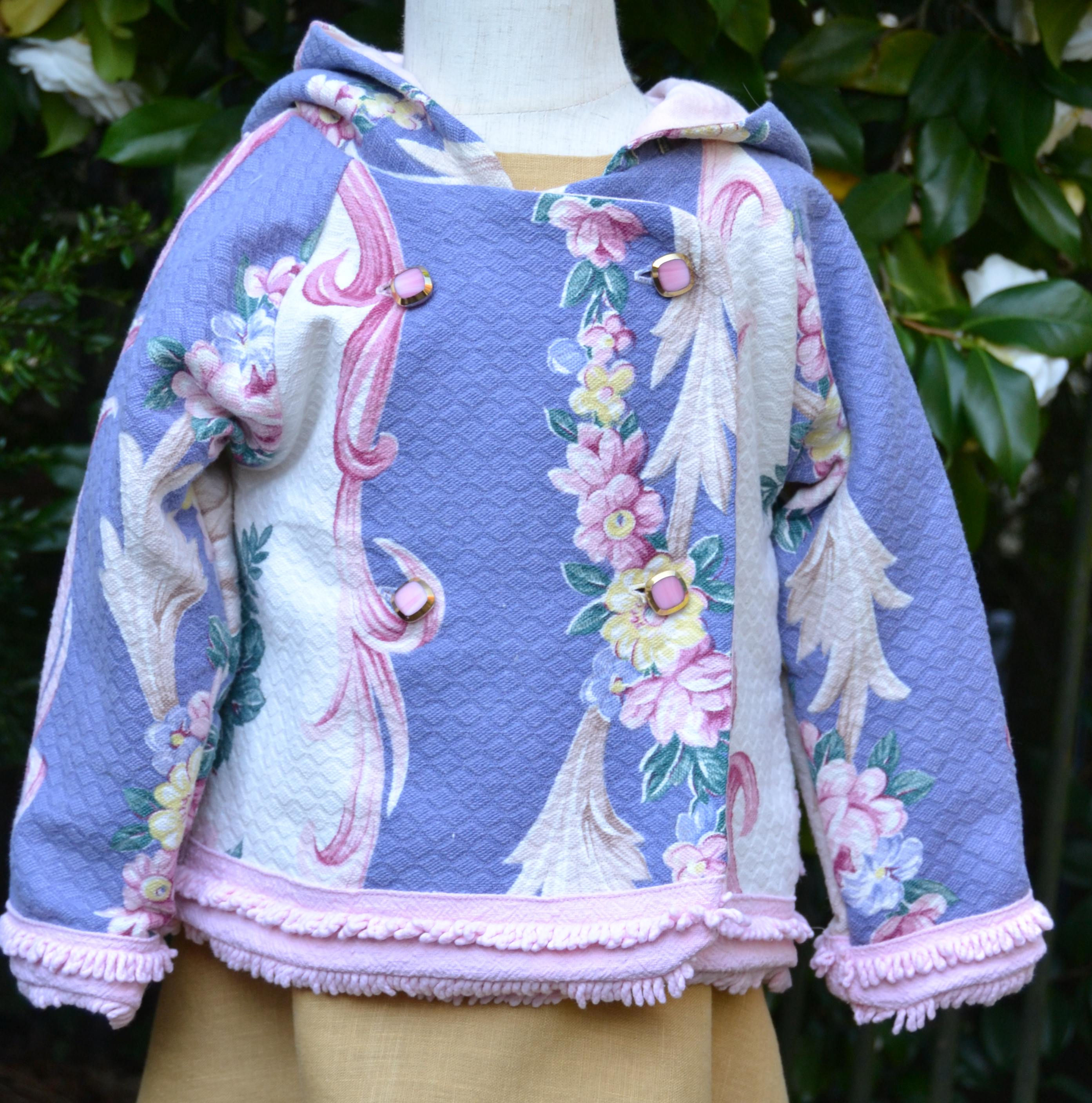 Lavender Floral Barkcloth w/Pink ChenilleTrim Hooded Jacket with Bunny Ears