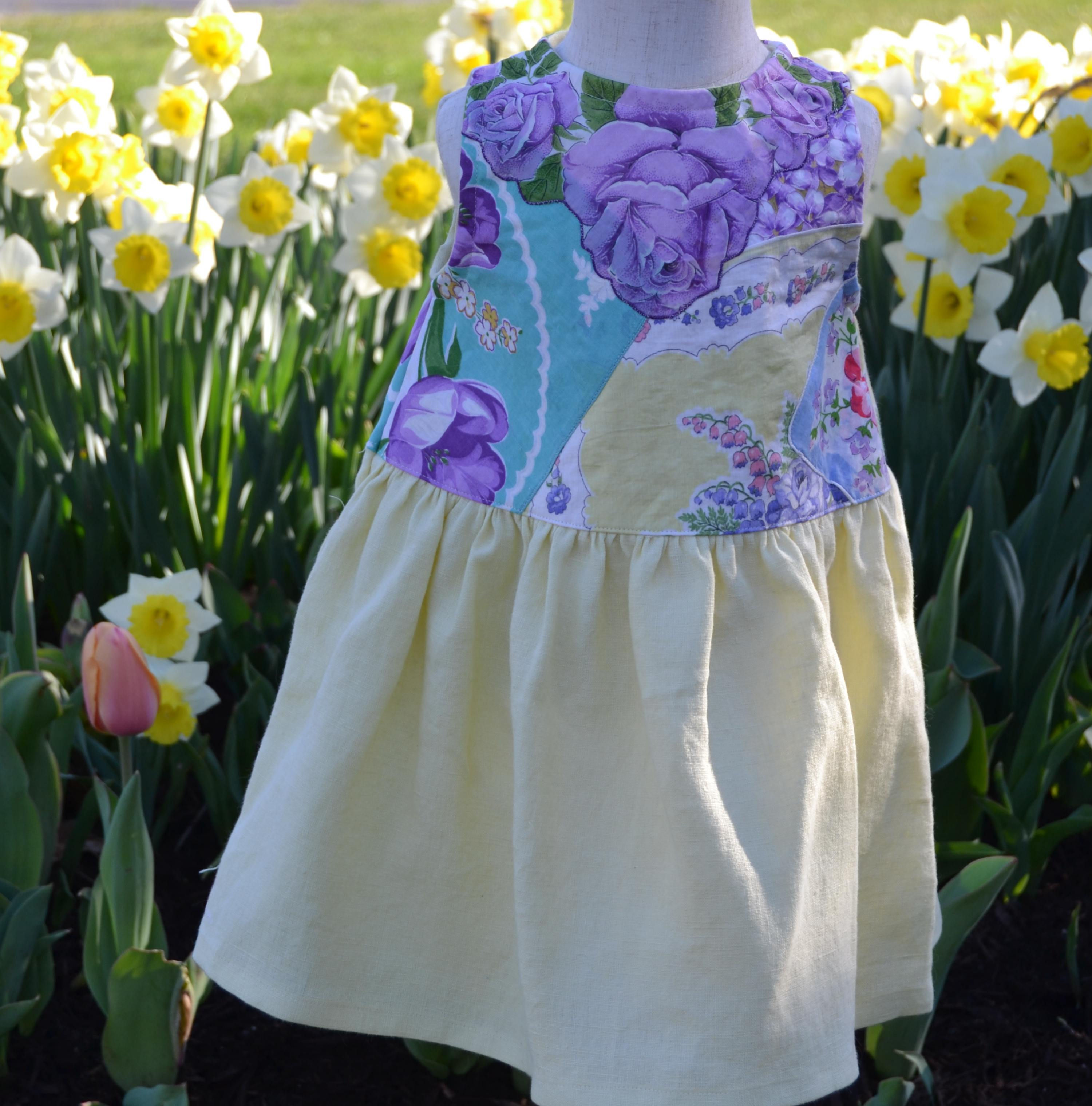 Yellow Linen Skirt Vintage Purple Floral Kerchief Bodice Dress