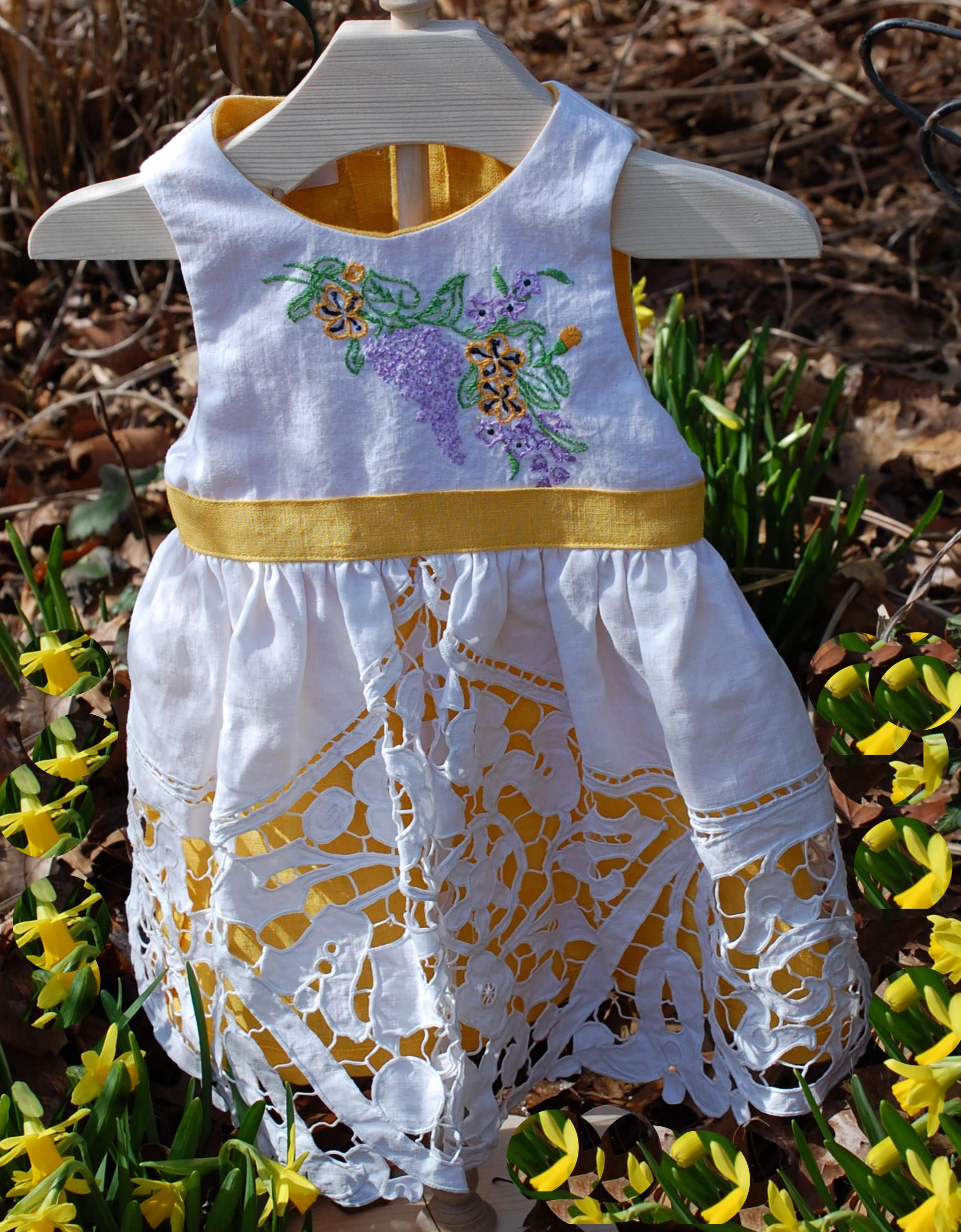 Vintage Lace and Embroidery Over Bright Yellow Linen Shell